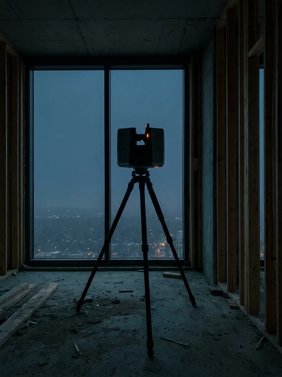 3D scanner on a tripod silhouetted against a dusk window in an unfinished building