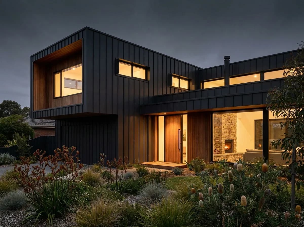 Finished premium Australian home at dusk with warm interior light
