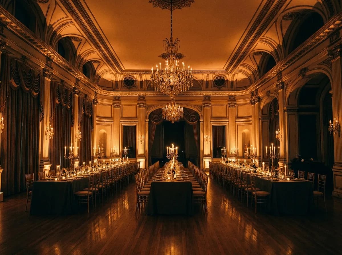 Elegant empty ballroom set for an evening event with candles
