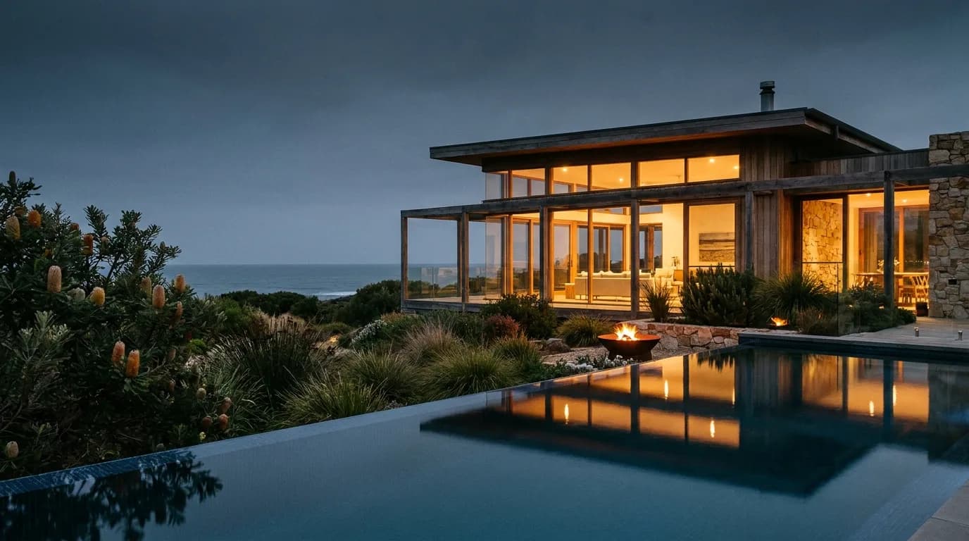 Coastal Australian holiday home at dusk with pool and warm interior light
