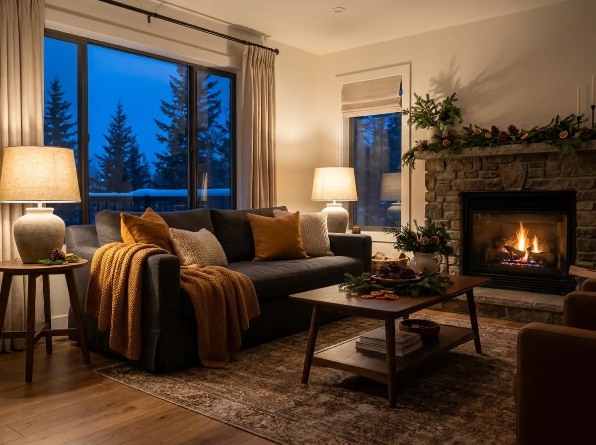 Warm holiday-home living room at dusk